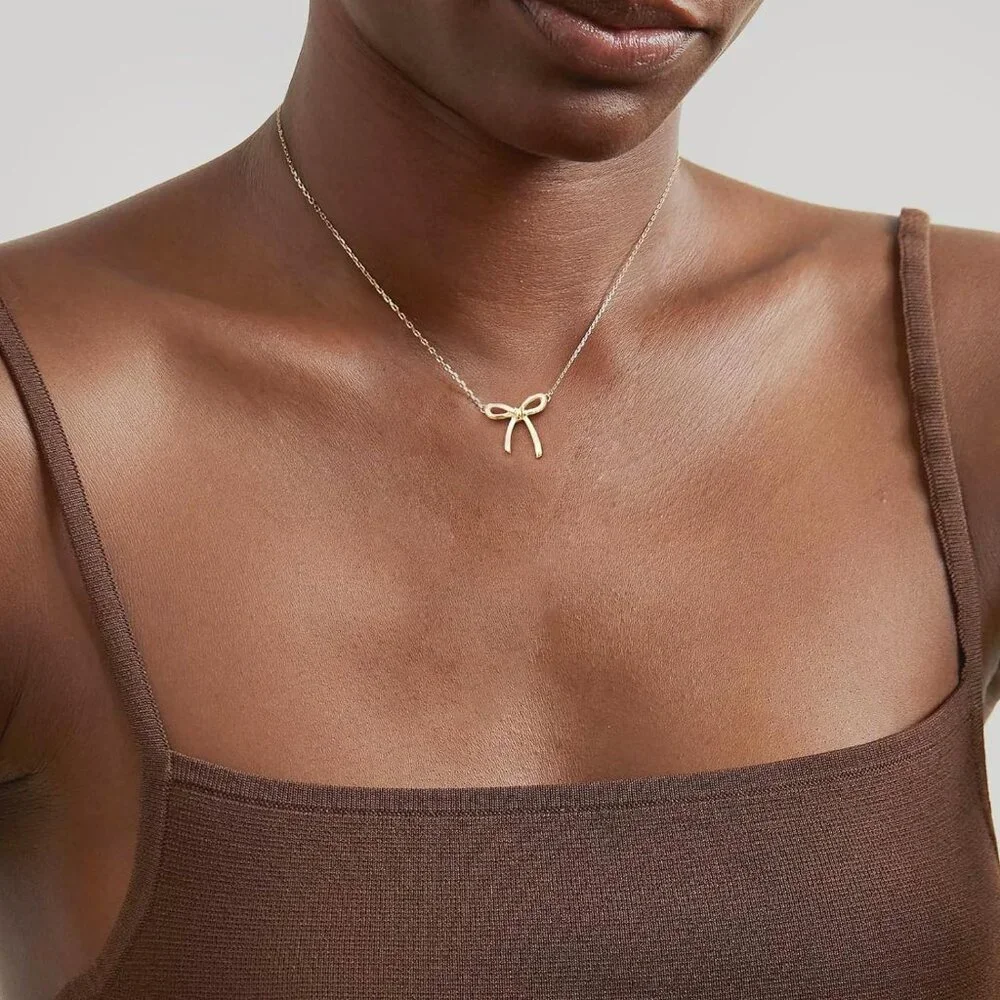 Women's Gold Necklace Cute Small Tiny Bow Pendant Choker Chain Necklace